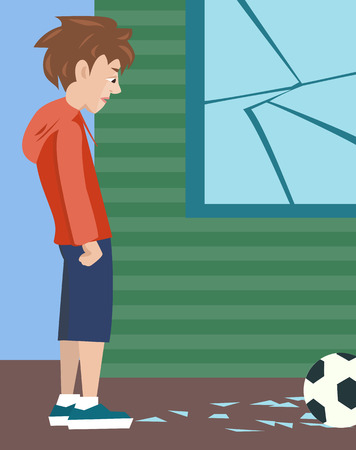 boy with ball and broken glass, vector cartoon of problem childのイラスト素材