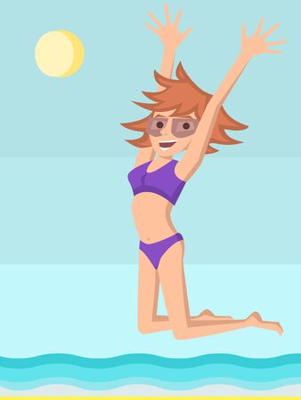 young girl jumps from happiness at the seasideのイラスト素材