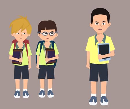 children with books looking at kid with tablet cartoonのイラスト素材