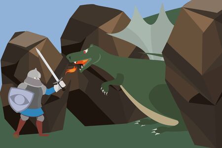knight fighting the dragon vector cartoonのイラスト素材