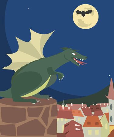 dragon looking at town vector cartoonのイラスト素材