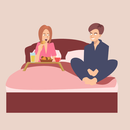 Man pampering his girlfriend with breakfast in bed - funny cartoon vector illustrationのイラスト素材