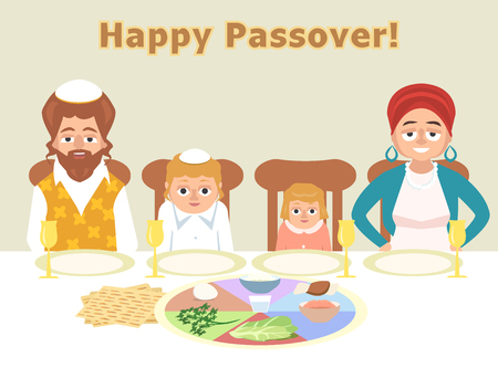 jewish family at feast of passover greeting card illustrationのイラスト素材
