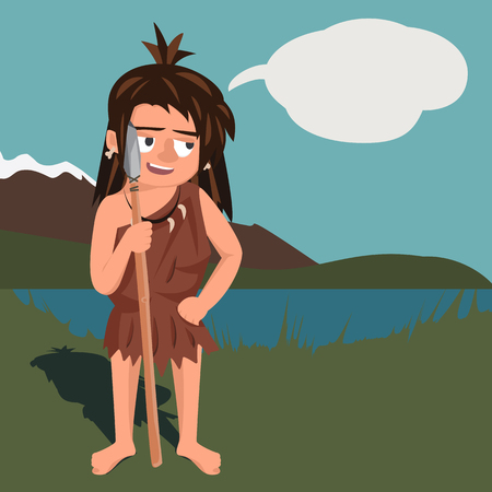 stone age girl with spear at nature landscape dreaming - vector cartoon illustration in flat styleのイラスト素材