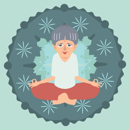 Old lady meditating at mandala backgroundのイラスト素材