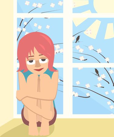 smiling girl sits at spring window vector cartoonのイラスト素材