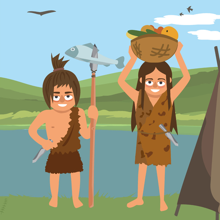 couple of primitives near hut vector illustrationの写真素材