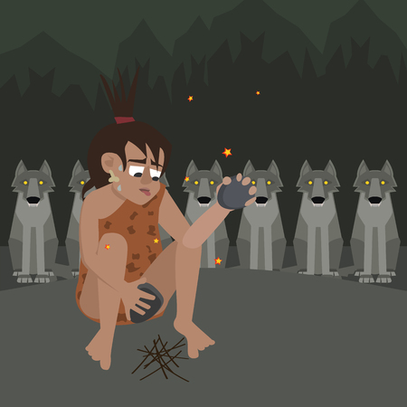 caveman at night surrounded by predators vector cartoonのイラスト素材