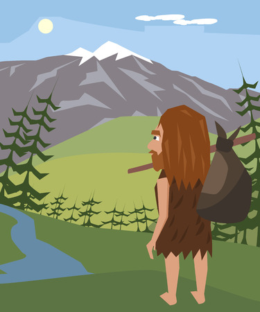 caveman at europe mountain landscape vectorのイラスト素材