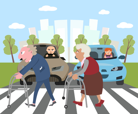 old people cross pedestrian crossingのイラスト素材