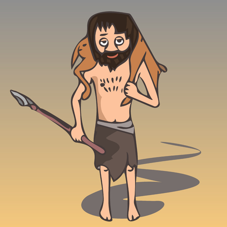 ancient hunter with prey, vector cartoon illustration of caveman with spearのイラスト素材