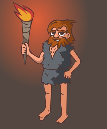 caveman with torch, vector cartoon illustration of primitive human in darkness with fireのイラスト素材