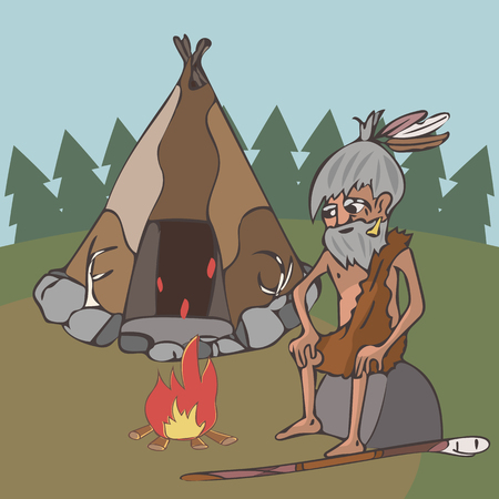 Primitive old-man near hut and bonfireのイラスト素材