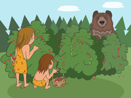 foraging in neolithic era with standing bearのイラスト素材