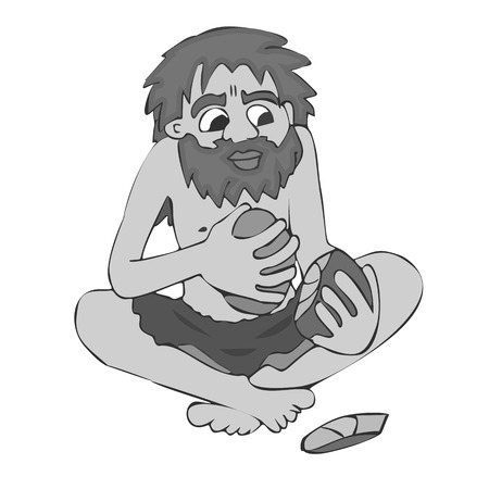 primitive man making flint tool, funny vector cartoon illustration of human evolutionのイラスト素材