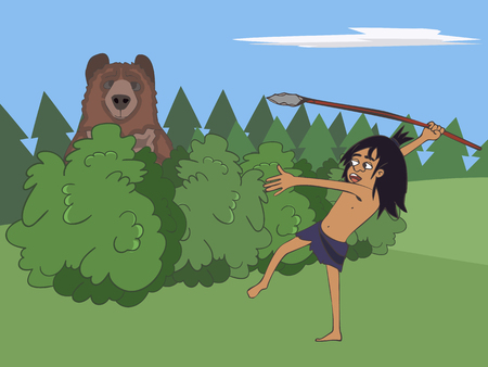 cartoon caveman hunts the bear with stone spear, funny vector cartoon illustration of prehistory sceneのイラスト素材