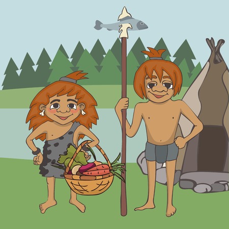 foraging at prehistory, funny vector cartoon stone age diet with fish and vegetablesのイラスト素材