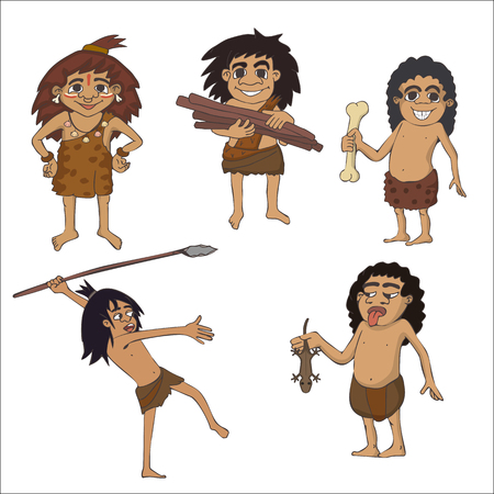 cartoon set of stone age kids characters, funny vector  illustration of prehistoric lifestyleのイラスト素材