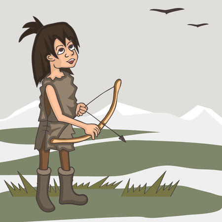 ice age hunter with bow and arrow, vector cartoon illustration of primitive boy at tundra landscapeのイラスト素材