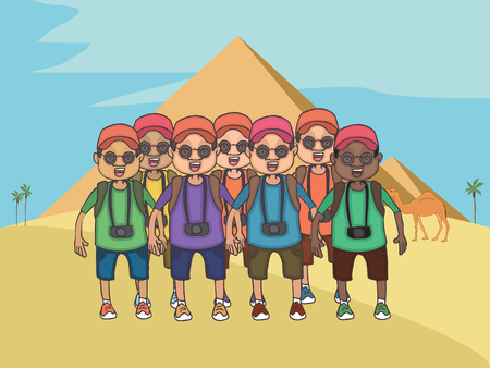 group of cartoon tourists at Egyptian pyramids background, funny vector cartoon illustration of exotic tourismのイラスト素材
