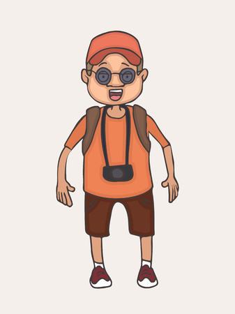 cartoon tourist with open mouth, funny vector illustration of amazed character with camera and baseball capのイラスト素材