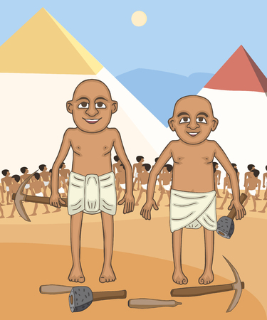 egyptian builders at pyramids background cartoon, colorful vector characters from ancient historyのイラスト素材