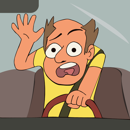 frightened driver portrait, vector cartoon illustration of risk of road accidentのイラスト素材