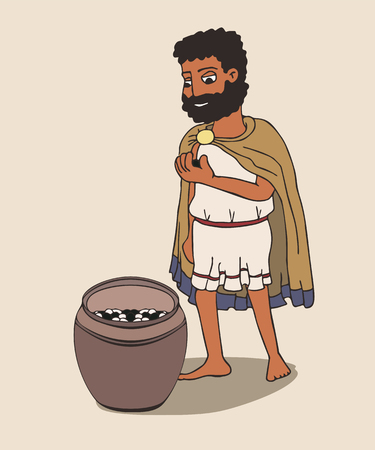 ancient greek man going to vote with pebble, funny cartoon vector illustration of democracy originsのイラスト素材