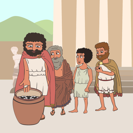 male citizens voting in ancient greece by placing pebbles in urn, funny cartoon vector illustration of democracy originsのイラスト素材
