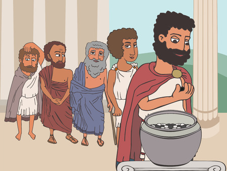 public voting in Ancient Greece by placing pebbles in urn, funny cartoon vector illustration of democracy originsのイラスト素材