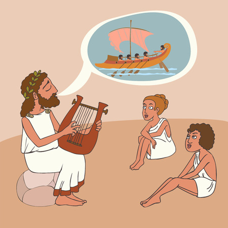 ancient greek story telling tradition, vector cartoon illustration of bard perfomanceのイラスト素材