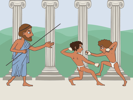 ancient greek school, cartoon illustration of two boxing boy and teacher, education originsのイラスト素材