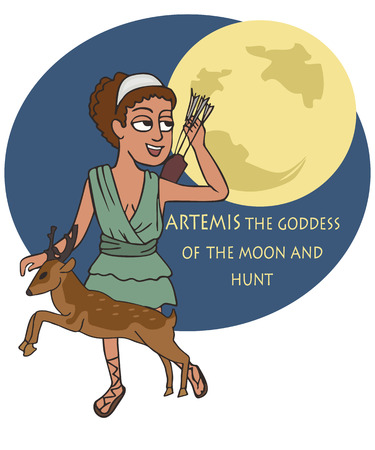 Artemis Greek Goddess of the Hunt and the Moon, funny vector cartoon illustrating classical mythologyのイラスト素材