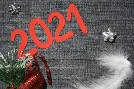 Holiday Party Decoration or postcard concept with top view and copy space. New year 2021の写真素材