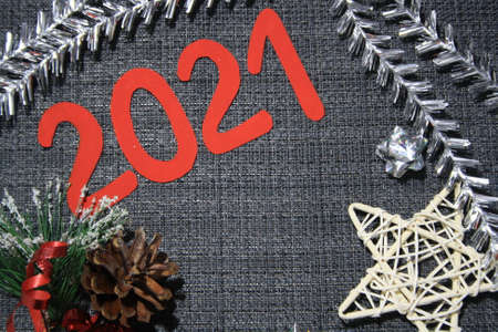 Holiday Party Decoration or postcard concept with top view and copy space. New year 2021の写真素材
