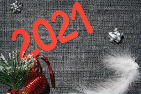 Holiday Party Decoration or postcard concept with top view and copy space. New year 2021の写真素材