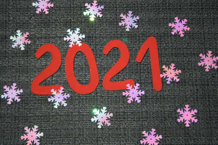 Holiday Party Decoration or postcard concept with top view and copy space. New year 2021の写真素材