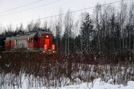 The technical train passes through the forest belt. Space for text.