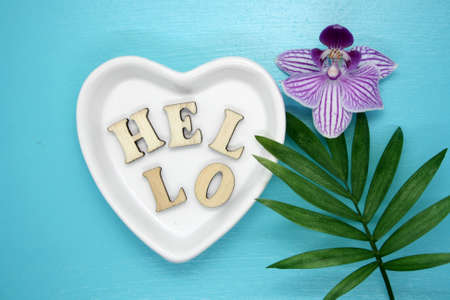 Text Hello on white bowl and green leaf on blue background. Space for text.