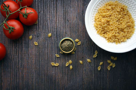 Ingredients for Italian salad dressing. Culinary background. Space for text.の写真素材