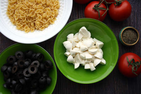 Ingredients for Italian salad dressing. Culinary background. Space for text.の写真素材