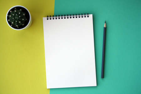 Planner layout, open blank spiral notebook for design, lettering, text, template. Green with yellow background, pencil, cactus. Space for text.の写真素材