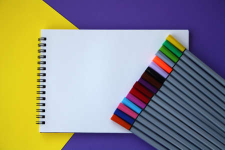 Planner layout, open blank spiral notebook for design, lettering, text, template. Yellow with purple background, pen. Space for text.の写真素材