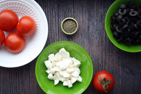 Ingredients for Italian salad dressing. Culinary background. Space for text.の写真素材