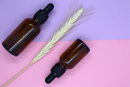 Container, brown cosmetic bottle and dried flowers on a pirple background. Blank label for branding mockup. Gift set for sale promotion. top viewの写真素材