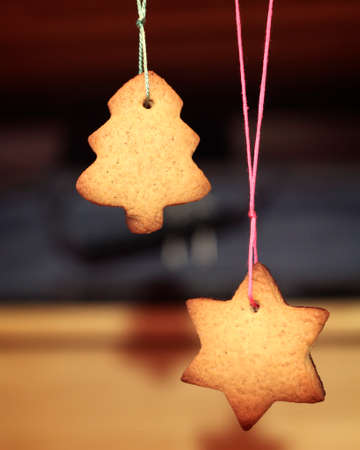 Homemade Gingerbread Cookie hanging on a string.の写真素材