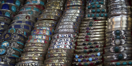 Different bracelets on a street market in Kathmandu.
