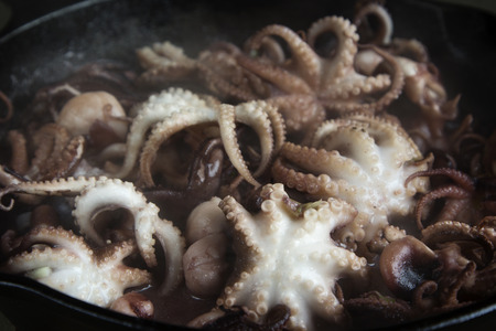 Mini octopus in the process of roasting on a cast iron pan.の写真素材