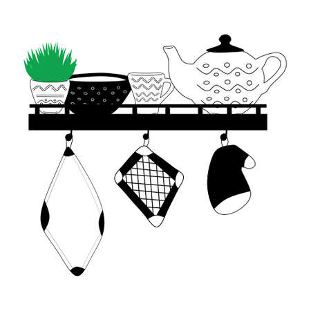 Illustration of ceramic kitchenware on the shelfのイラスト素材