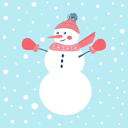 Cute cartoon snowman on the blue backgroundのイラスト素材